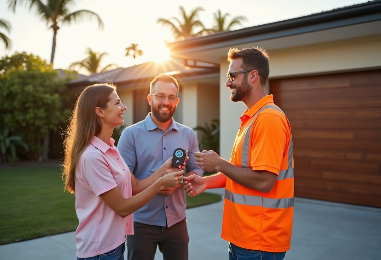 Technician handing over a garage remote at sunset — Varsity Lakes